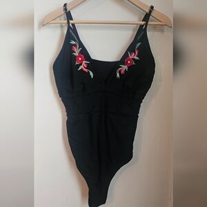Black Swimsuit with Floral Embroidery